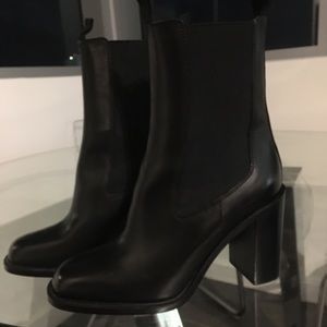 Black Leather Stack Heel Chelsea Boots 